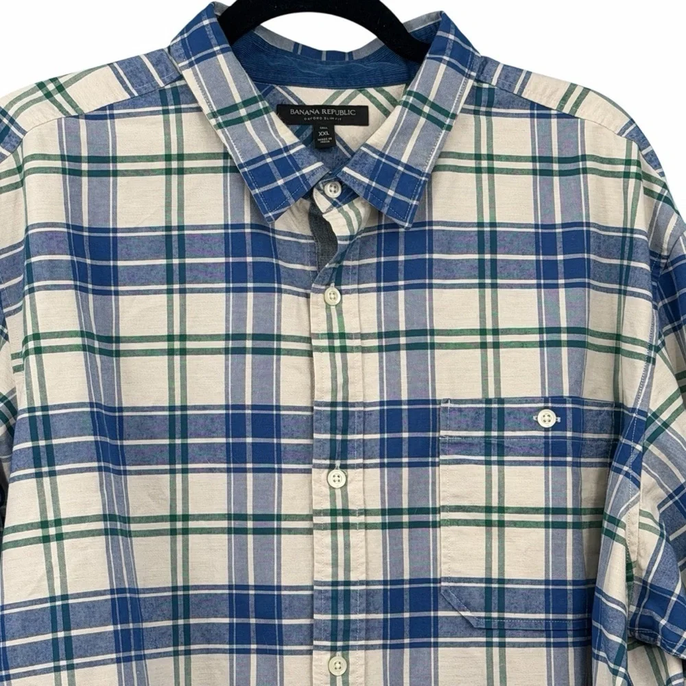 Banana Republic Oxford Slim Fit Blue Green Plaid Corduroy Trim Mens Shirt XXL